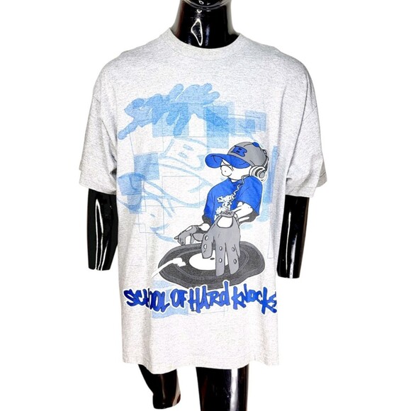 VTG 90s School Of Hard Knocks White Hip-Hop DJ Graffiti Double-Sided Graphic Tee - Picture 1 of 8